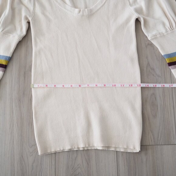Free People Cream Long Puffed Striped Sleeve Ribbed Knit Sweater Sz Medium Boho - Picture 10 of 15